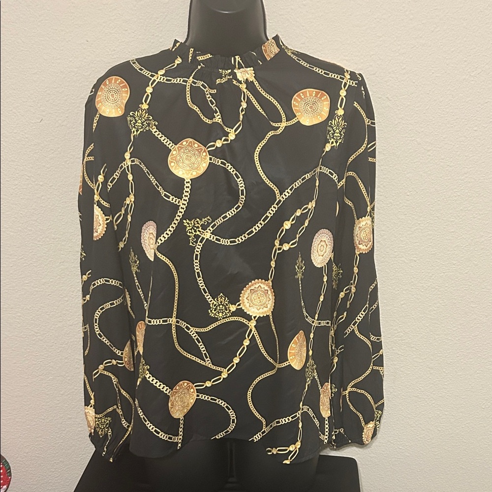 SHEIN Black Blouse with Gold Chain Design